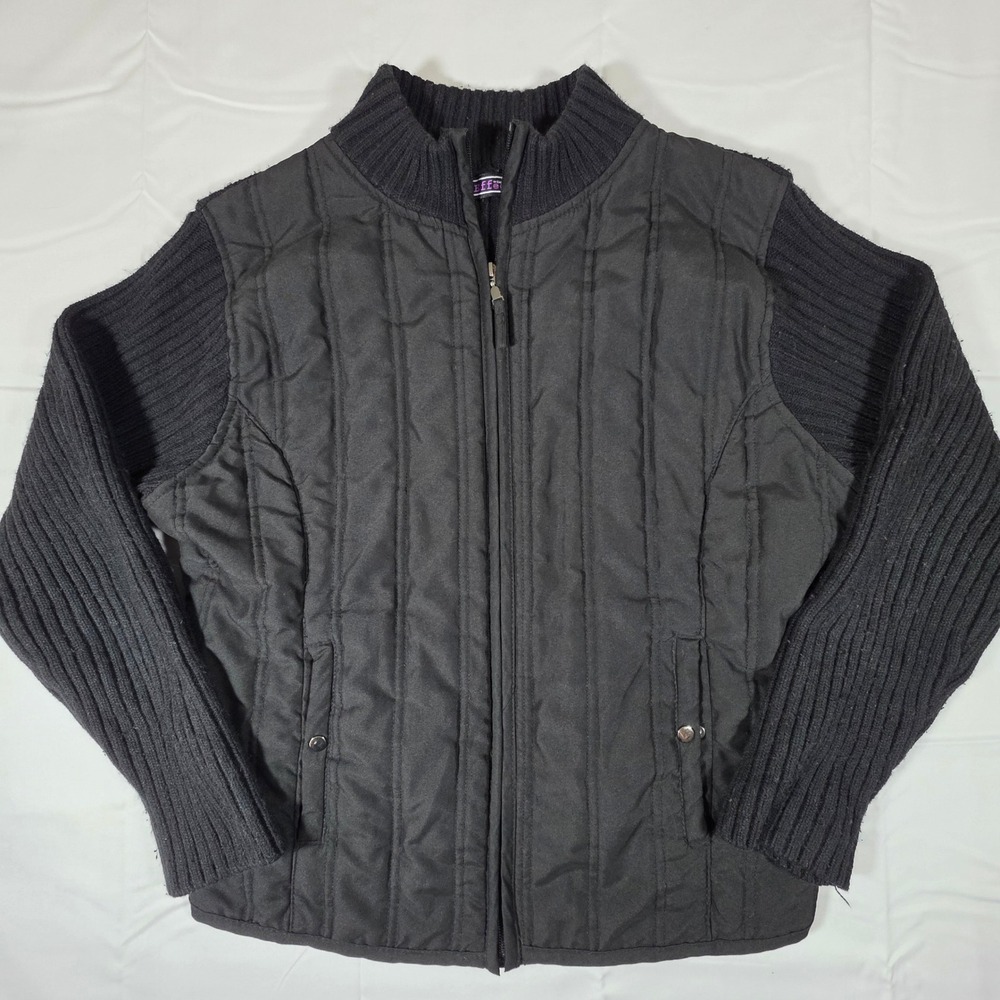 Effeci Woman Black Mixed Media Quilted Full Zip Jacket Ribbed Knit 2X
